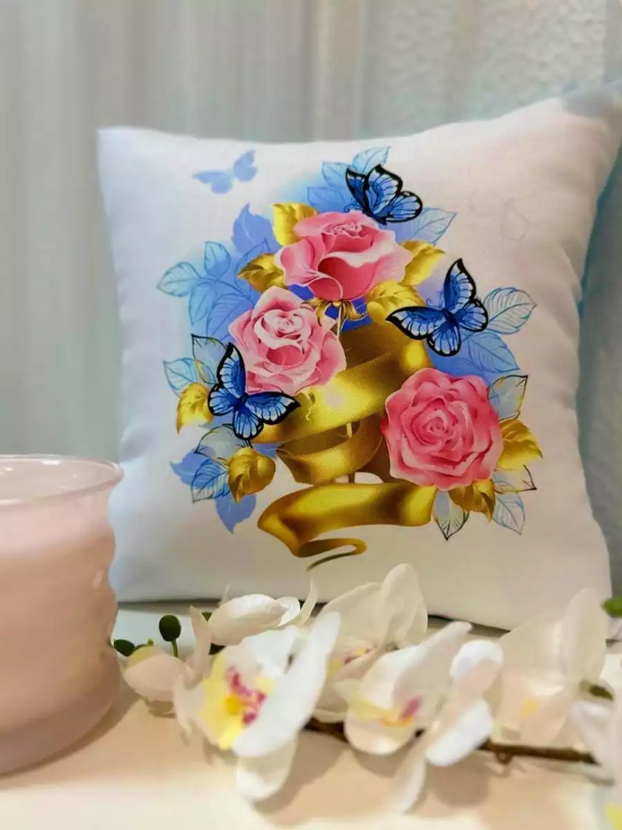 Almofada Flores Rosas Folhas Douradas