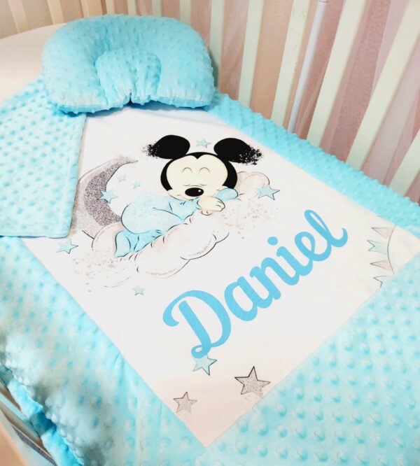 Conjunto Manta Minky + Almofada ortopédica Mickey verde agua