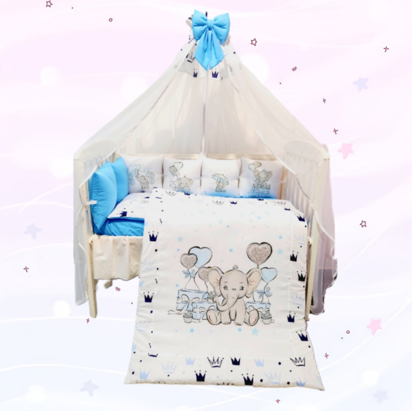 Conjunto 8 peças «Elefante com coroas azuis»