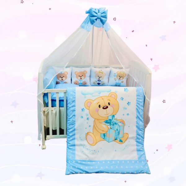 Conjunto 8 peças «Ursinho com presente estrelas azuis»