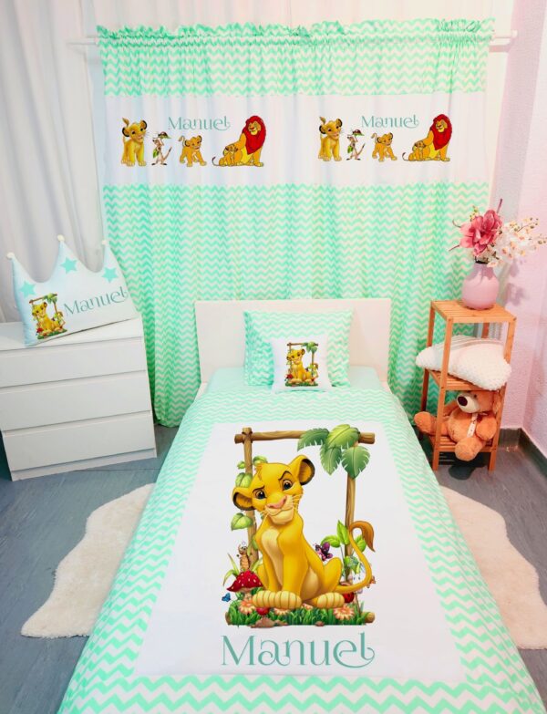 Conjunto para cama solteiro 90×200cm «Rei Leão zig zag Verde água»