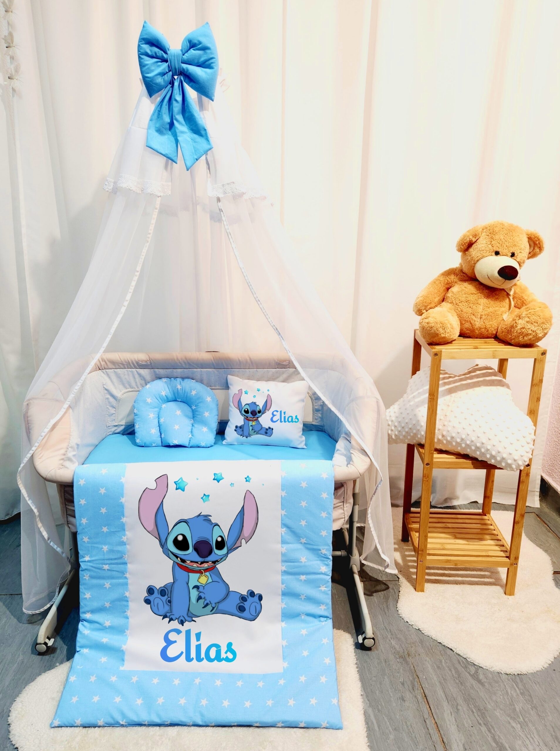 Roupa para mini berço «Stitch azul»