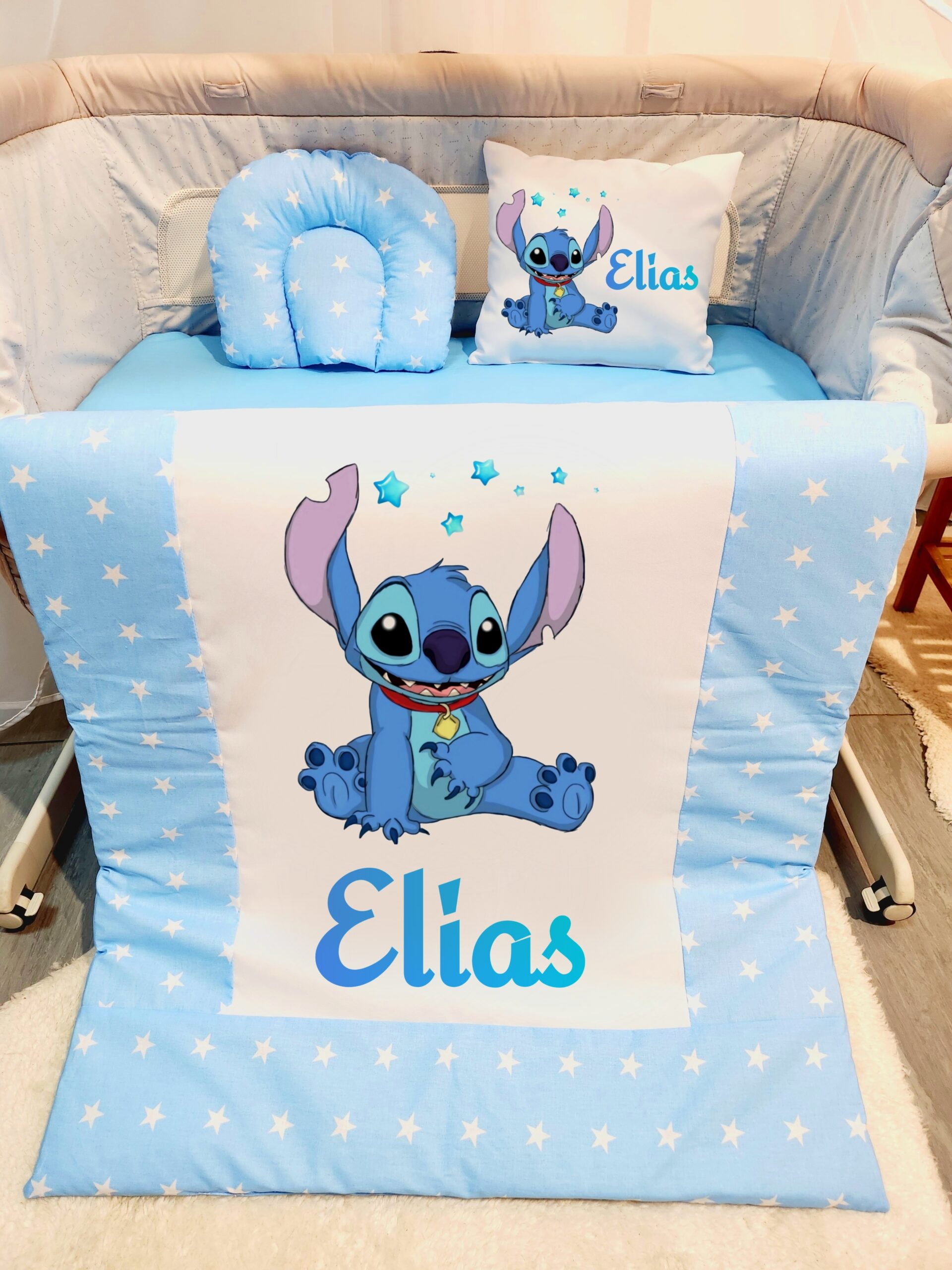 Roupa para mini berço «Stitch azul»