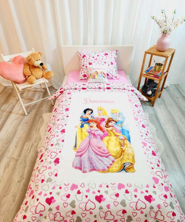 Conjunto para cama solteiro 90×200cm «Princesas Corações rosas e cinzentos»