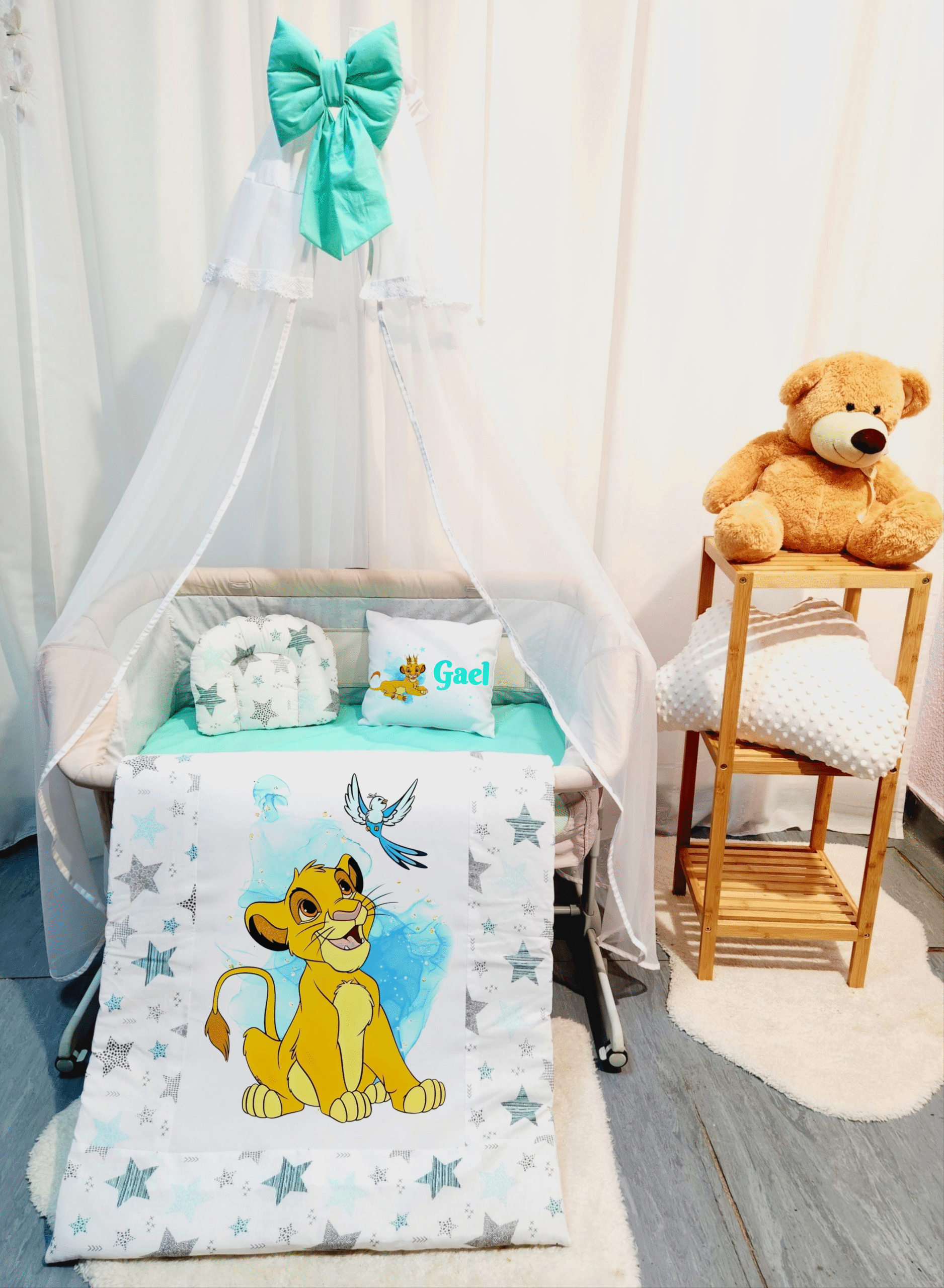 Roupa para mini berço «Rei Leão verde agua»